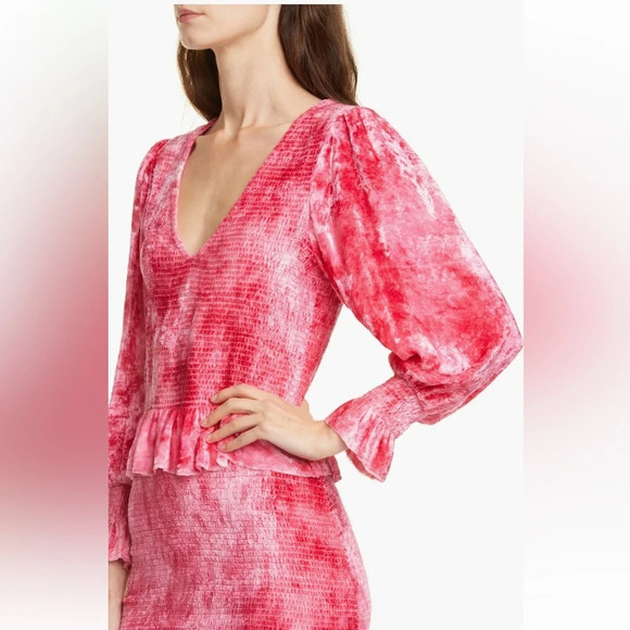 LOVESHACKFANCY Evan Tie Dye Long Sleeve Velvet Mini Dress Viscose Hot Pink - Picture 4 of 11